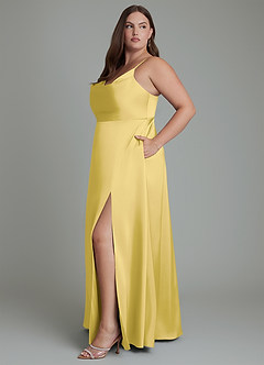 Azazie Sarella Bridesmaid Dresses Canary A-Line Pleated Stretch Satin Dress image11