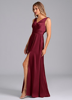 Azazie Karina Bridesmaid Dresses Burgundy A-Line Pleated Stretch Satin Dress image3