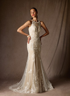 Azazie Sheila Abiti da Sposa Abito Sirena in Tulle Lustrini Bianco Diamante Champagne image4