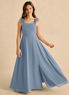 Azazie Masie Girls Formal Jurken voor bloemenmeisjes A-Lijn Jurk van Chiffon Geplooide Stoffig Blauw image3