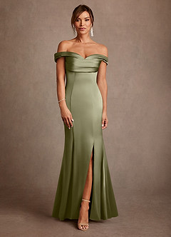 Azazie Boone Mother of the Bride Dresses Pistachio Mermaid Off the Shoulder Stretch Satin Dress image2