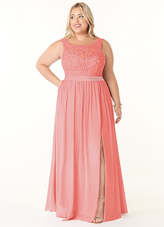 Azazie Elly Robes de demoiselle d'honneur Robe Trapèze en Mousseline de soie Encolure dégagée en dentelle Corail image7