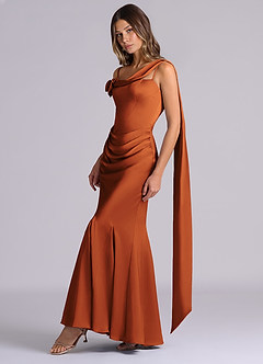 Azazie Inara 신부 들러리 드레스 인어 주름진 스트레치 새틴 바닥 길이 드레스 image3