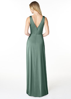 Azazie Nelly Bridesmaid Dresses Eucalyptus A-Line V-Neck Pleated Stretch Satin Dress image2