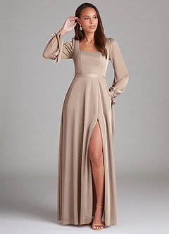 Azazie Leonia Bridesmaid Dresses Taupe A-Line Long Sleeve Mesh Dress image1