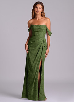 Azazie Johana Robes de demoiselle d'honneur Robe Sirène Convertible en Blumen-Burnout Épaule décolletée Olive image1