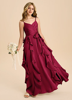 Azazie Peyton Junior Burgundy A-Line Pleated Stretch Satin Dress image1
