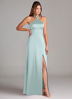 Azazie Elliana Bridesmaid Dresses Sea Glass A-Line Side Slit Stretch Satin Dress image3