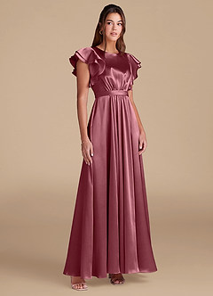 Azazie Daphne Modest Bridesmaid Dresses A-Line Ruched Metallic Satin Floor-Length Dress image4