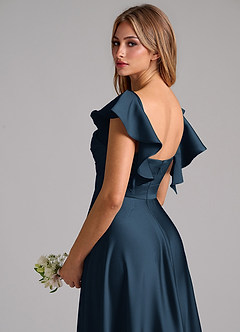 Azazie Leilani Vestidos de damas de honor Vestido Azul Marino Oscuro de Satén Elástico de Línea A con Drapeado image9