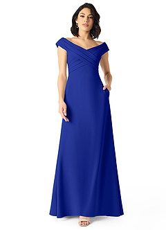Azazie Evita Bridesmaid Dresses Royal Blue A-Line Off the Shoulder Stretch Crepe Dress image1
