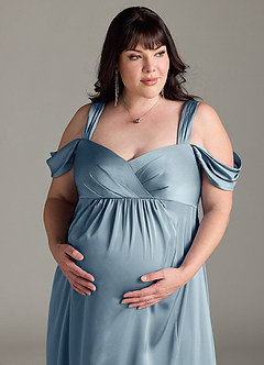 Azazie Rhea vestidos de dama de honor de maternidad Vestido de Acampanado Off The Shoulder Plisado Largo hasta el piso Stretch Satin image12
