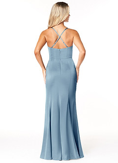 Azazie Marzia Vestidos de damas de honor Vestido de Azul Polvoriento de Satén Elástico de Corte Recto con Cuello V Plisado image2