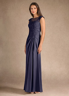Azazie Santa Barbara Mother of the Bride Dresses Stormy Sheath Pleated Stretch Satin Dress image6