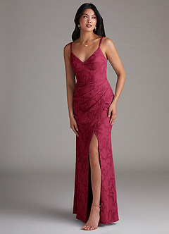 Azazie Leo Bridesmaid Dresses Burgundy Sheath Pleated Floral Burnout Dress image3