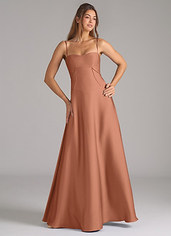 Azazie Valentine Robes de demoiselle d'honneur Robe Trapèze en Satin extensible Corset Bronze image4