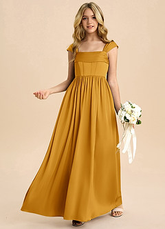 Azazie Hattie Junior Butterscotch A-Line Pleated Stretch Satin Dress image4