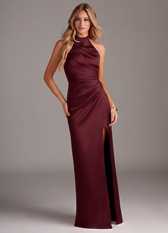 Azazie Jemma Bridesmaid Dresses Cabernet Sheath Pleated Stretch Satin Dress image3