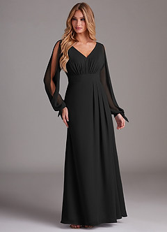Azazie Matilda Bridesmaid Dresses Black A-Line Long Sleeve Chiffon Dress image4