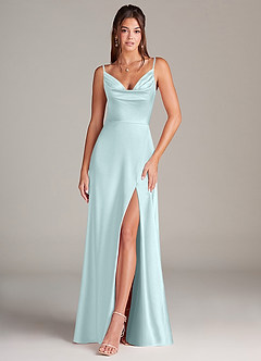 Azazie Sarella Bridesmaid Dresses Sea Glass A-Line Pleated Stretch Satin Dress image1