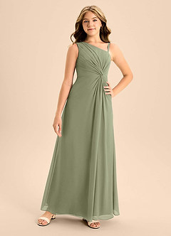 Azazie Brooke Junior Vestido de Pistacho de Gasa de Corte en A con Corte Lateral image4