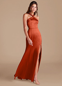 Azazie Rue Bridesmaid Dresses Paprika Sheath Pleated Metallic Satin Dress image4