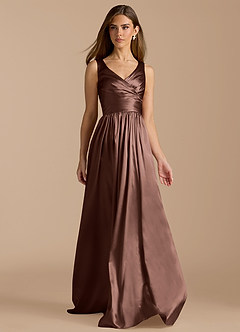 Azazie Keyla Bridesmaid Dresses Espresso A-Line Pleated Metallic Satin Dress image6
