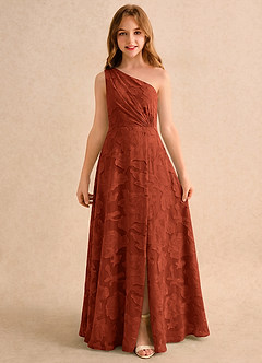 Azazie Pudles Girls Formal Robe Demoiselle D'honneur Fillette Robe Trapèze en Blumen-Burnout Asymétrique Auburn image4