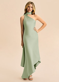 Azazie Briony Junior Etui Plissee Stretch-Satin Kleid Staubiger Salbeigrün image3