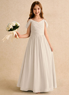 Azazie Chelo Girls Formal Robe Demoiselle D'honneur Fillette Robe Trapèze en Mousseline de soie Plissé Albâtre Blanc image1