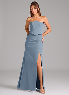 Azazie Jenine Vestidos de damas de honor Vestido de Azul Polvoriento de Gasa de Corte Sirena con Sin tirantes image1