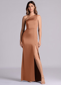 Azazie Philana 신부 들러리 드레스 A라인 한쪽 어깨 스트레치 새틴 바닥 길이 드레스 image4