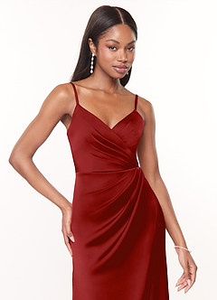 Azazie Maci Robes de demoiselle d'honneur Robe Trapèze en Satin extensible Col V plissé Grenade image5