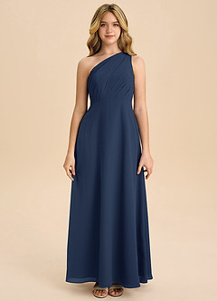 Azazie Phaedra Junior Abito A-Line in Chiffon Plissettato Marino Scuro image4