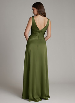 Azazie Pauline Bridesmaid Dresses Olive A-Line Pleated Stretch Satin Dress image2