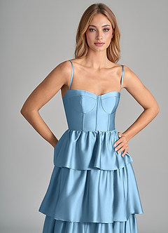 Azazie Faye Robes de demoiselle d'honneur Robe Trapèze en Satin extensible Rayé Acier Bleuté image2