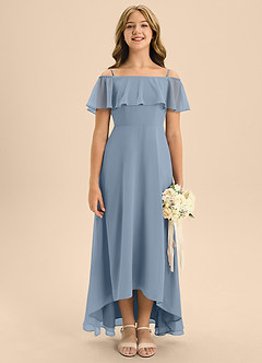 Azazie Maggie Junior A-Linie Schulterfrei Chiffon Kleid Staubblau image1