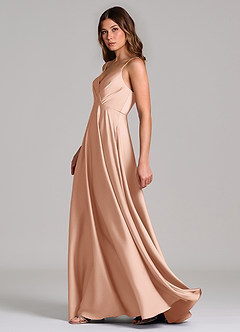 Azazie Amani Vestidos de damas de honor Vestido de Oro Rosa de Satén Elástico de Corte en A con Plisado image3