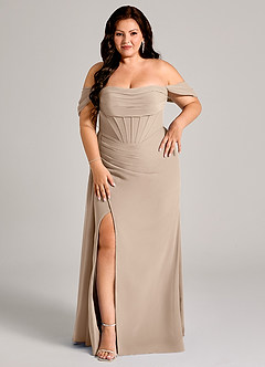 Azazie Amyra Bridesmaid Dresses Taupe Sheath Off the Shoulder Chiffon Convertible Dress image12