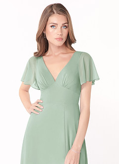 Azazie Kimber Robes de demoiselle d'honneur Robe Trapèze en Mousseline de soie Manches à volants Agave image5