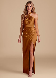 Azazie Zaya Bridesmaid Dresses Copper Sheath Pleated Metallic Satin Dress image3