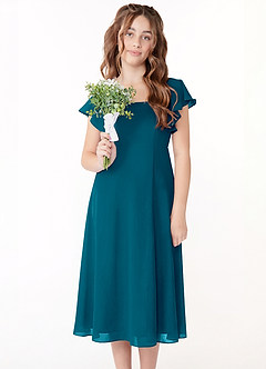 Azazie Bondi Junior Jurk van Chiffon met A-Lijn Ruches Inkt Blauw image4