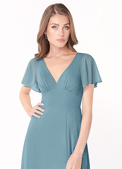 Azazie Kimber Bridesmaid Dresses Moody Blue A-Line Flounce Sleeve Chiffon Dress image5