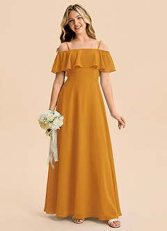 Azazie Maggie Junior Butterscotch A-Line Off the Shoulder Chiffon Dress image5