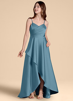 Azazie Prisha Junior Bermuda A-Line Pleated Stretch Satin Dress image4