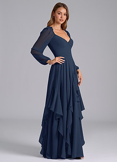 Azazie Karan Bridesmaid Dresses Dark Navy A-Line Long Sleeve Chiffon Dress image5