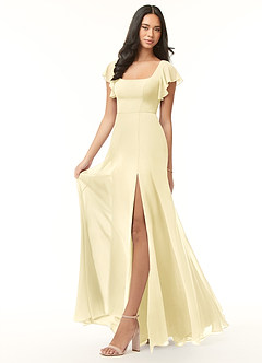 Azazie Bondi Vestidos de damas de honor Vestido de Sorbete De Limón de Gasa de Corte en A con Volantes image4