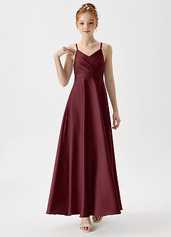 Azazie Avelina Junior Cabernet A-Line Pleated Stretch Satin Dress image4