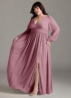 Azazie Norah Bridesmaid Dresses Vintage Mauve A-Line V-Neck Long Sleeve Chiffon Dress image10