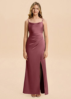 Azazie Christen Junior Vestido de Rosa Del Desierto de Satén Elástico de Corte en A con Plisado image4